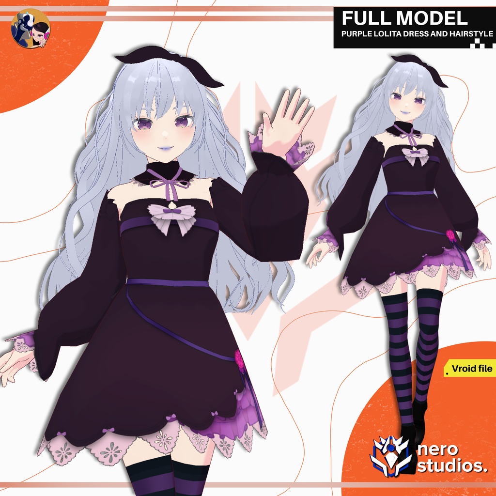 PURPLE LOLITA DRESS CUTE FULL OUTFIT DRESS AND HAIRSTYLE EMO GOTH (VROID FILE) / ロリータ ゴシック 女の子 ストッキング 紫 ドレス ファンタジー