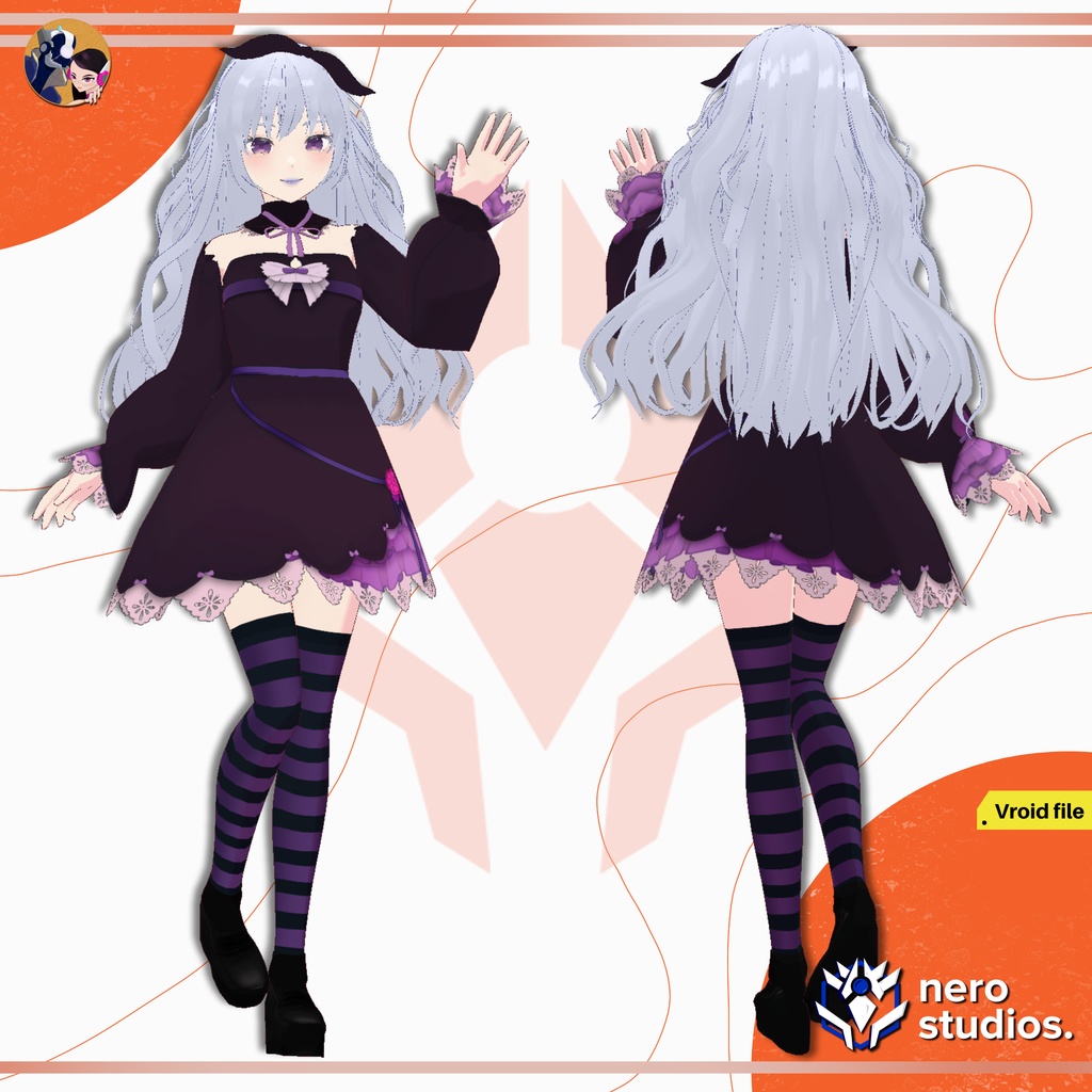 PURPLE LOLITA DRESS CUTE FULL OUTFIT DRESS AND HAIRSTYLE EMO GOTH (VROID FILE) / ロリータ ゴシック 女の子 ストッキング 紫 ドレス ファンタジー