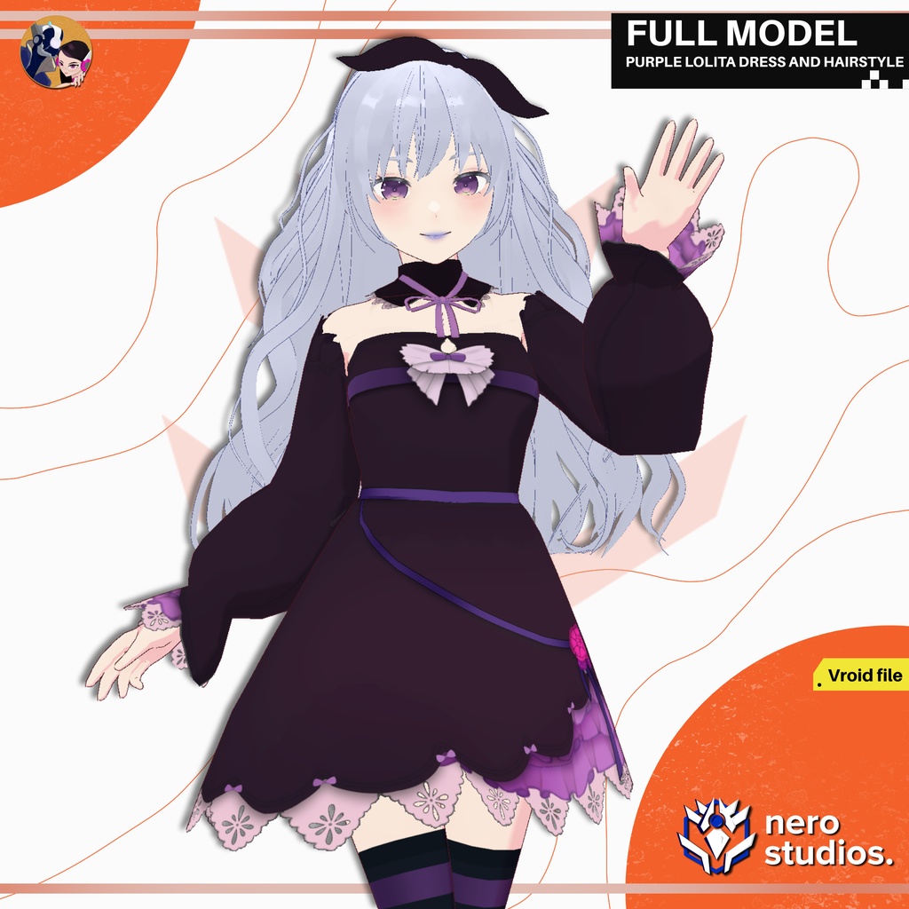 PURPLE LOLITA DRESS CUTE FULL OUTFIT DRESS AND HAIRSTYLE EMO GOTH (VROID FILE) / ロリータ ゴシック 女の子 ストッキング 紫 ドレス ファンタジー
