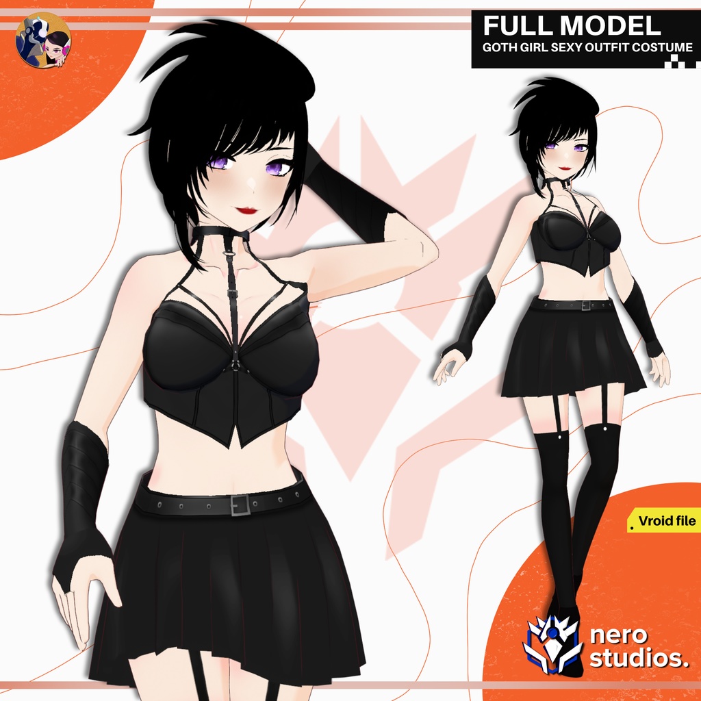 GOTH GIRL SEXY OUTFIT COSTUME STOCKINGS GLOVES DARK BODYSUIT FULL SET SHORT MESSY TO THE SIDE HAIRSTYLE (VROID FILE) / ゴシック セクシー 女の子 コスチューム ストッキング 手袋 ボディスーツ ヴァンパイア