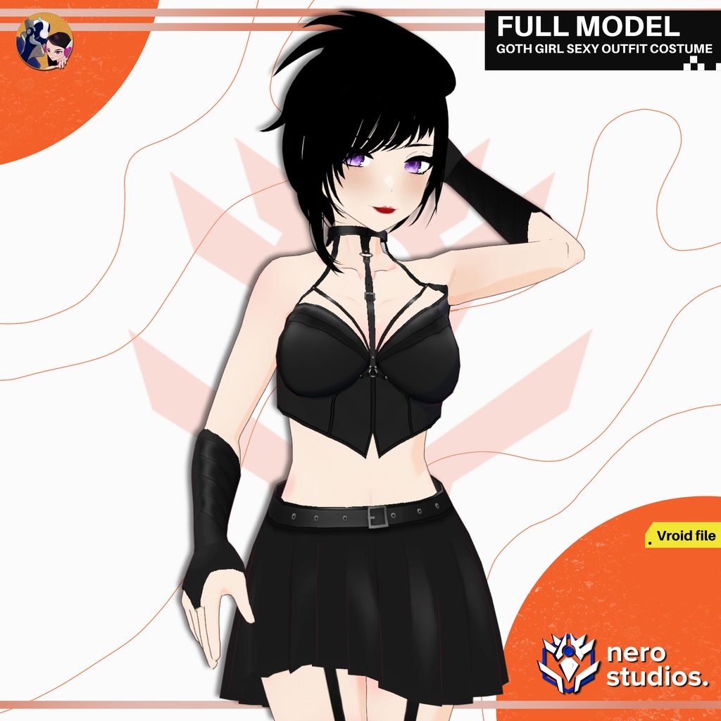 GOTH GIRL SEXY OUTFIT COSTUME STOCKINGS GLOVES DARK BODYSUIT FULL SET SHORT MESSY TO THE SIDE HAIRSTYLE (VROID FILE) / ゴシック セクシー 女の子 コスチューム ストッキング 手袋 ボディスーツ ヴァンパイア
