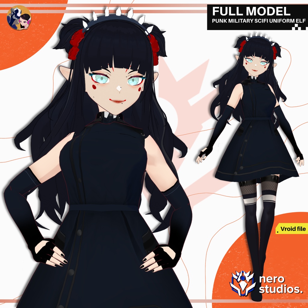 PUNK MILITARY SCIFI UNIFORM ELF CUTE SEXY GIRL STOCKINGS BOOTS HEELS HAIRSTYLE CROWN OUTFIT FULL SET PRESET (VROID FILE) / ゴシック SF ドレス 制服 エルフ かわいい 女の子 ストッキング ハイヒール クラウン