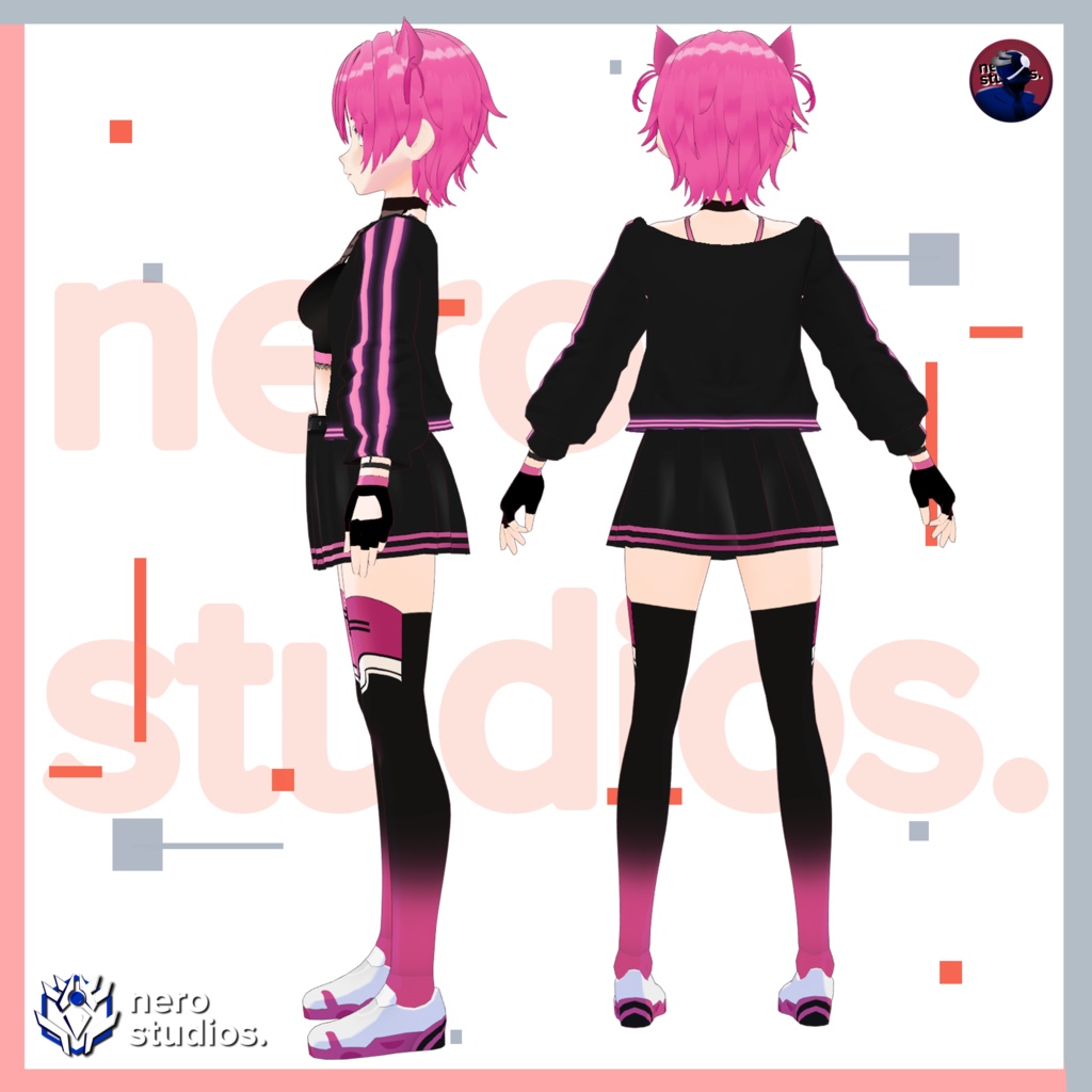 CAT GIRL VTUBER MODEL, CAT EARS, VROID CLOTHES, VTUBER MODEL, VROID ASSETS TEXTURE, HAIR & OUTFITS PRESETS INCLUDED IN VROID STUDIO FILES / 猫 女の子 猫娘 猫耳 3Dモデル ドレス ストッキング ファンタジー 子猫