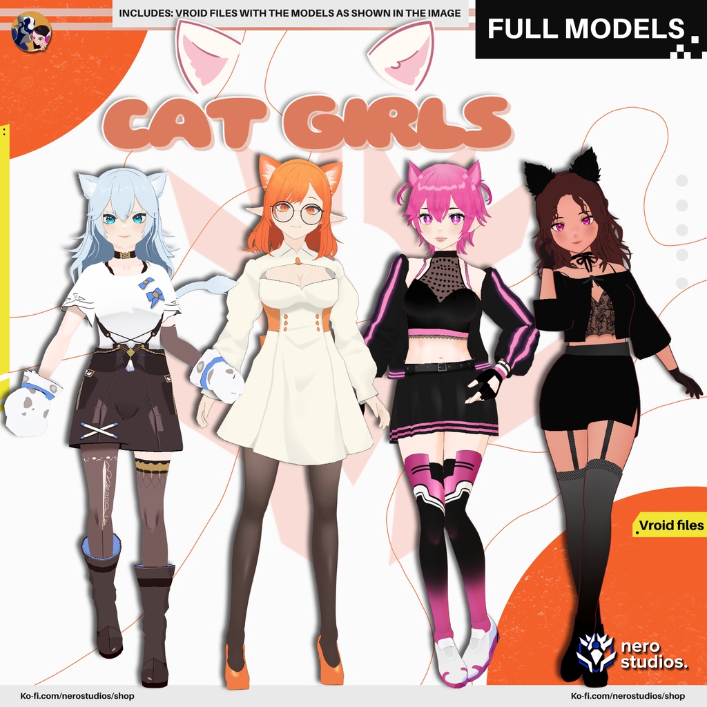 CAT GIRL VTUBER MODEL, CAT EARS, VROID CLOTHES, VTUBER MODEL, VROID ASSETS TEXTURE, HAIR & OUTFITS PRESETS INCLUDED IN VROID STUDIO FILES / 猫 女の子 猫娘 猫耳 3Dモデル ドレス ストッキング ファンタジー 子猫