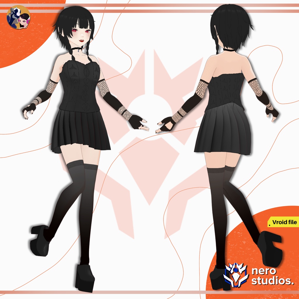 GOTHIC GIRLS SEXY OUTFIT FISHNET STOCKINGS GLOVES DARK DRESS PUNK SCI FI MESSY HAIR, VAMPIRE ELF, CORSET HIGH BOOTS, (VROID FILES) / ゴシック 女の子 網タイツ ストッキング 手袋 ハイヒール 黒ワンピ SF ヴァンパイア エルフ コルセット