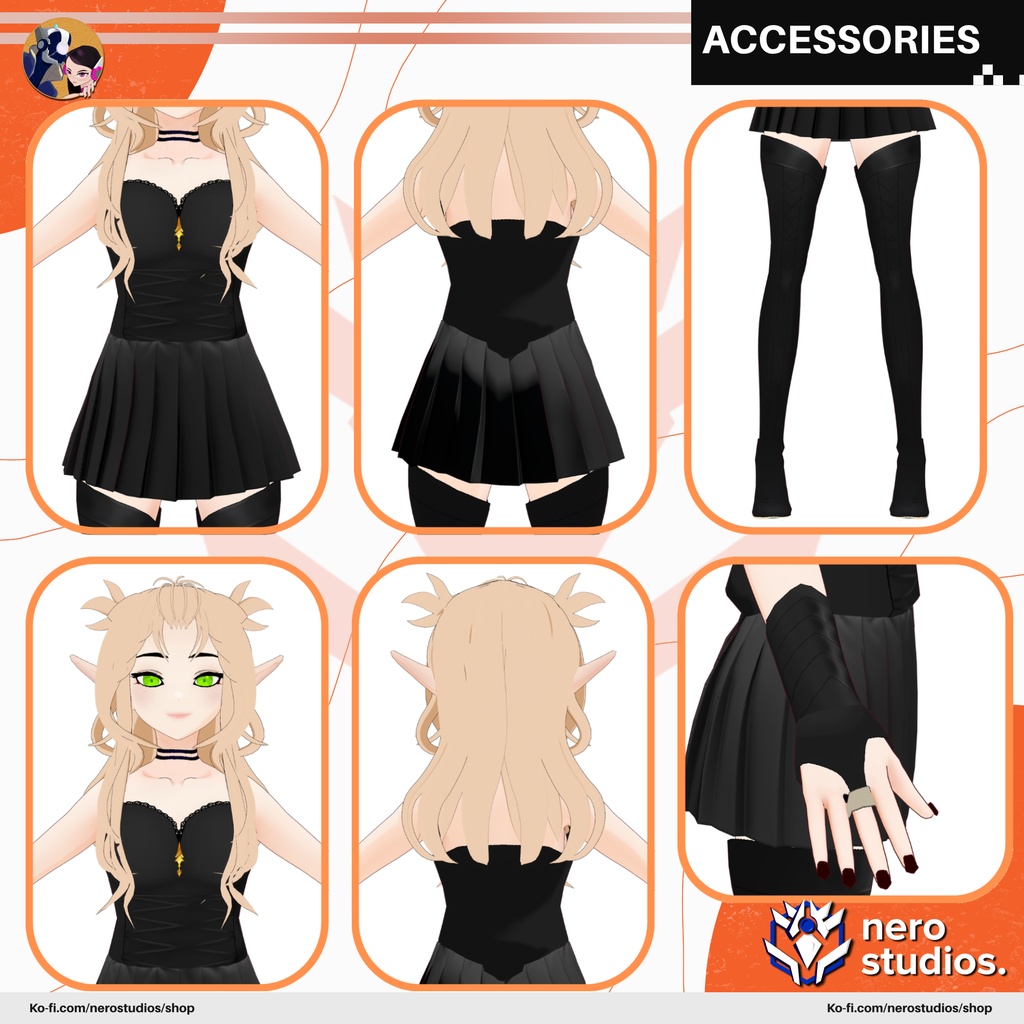 GOTHIC GIRLS SEXY OUTFIT FISHNET STOCKINGS GLOVES DARK DRESS PUNK SCI FI MESSY HAIR, VAMPIRE ELF, CORSET HIGH BOOTS, (VROID FILES) / ゴシック 女の子 網タイツ ストッキング 手袋 ハイヒール 黒ワンピ SF ヴァンパイア エルフ コルセット