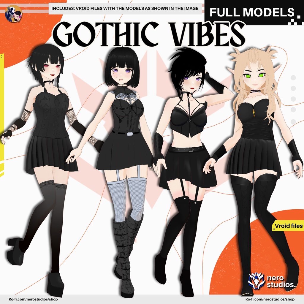 GOTHIC GIRLS SEXY OUTFIT FISHNET STOCKINGS GLOVES DARK DRESS PUNK SCI FI MESSY HAIR, VAMPIRE ELF, CORSET HIGH BOOTS, (VROID FILES) / ゴシック 女の子 網タイツ ストッキング 手袋 ハイヒール 黒ワンピ SF ヴァンパイア エルフ コルセット