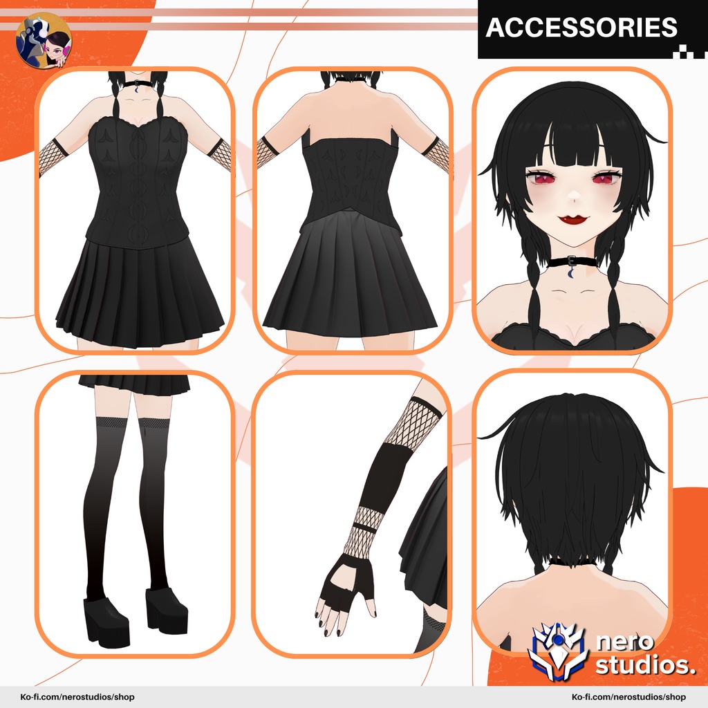 GOTHIC GIRLS SEXY OUTFIT FISHNET STOCKINGS GLOVES DARK DRESS PUNK SCI FI MESSY HAIR, VAMPIRE ELF, CORSET HIGH BOOTS, (VROID FILES) / ゴシック 女の子 網タイツ ストッキング 手袋 ハイヒール 黒ワンピ SF ヴァンパイア エルフ コルセット