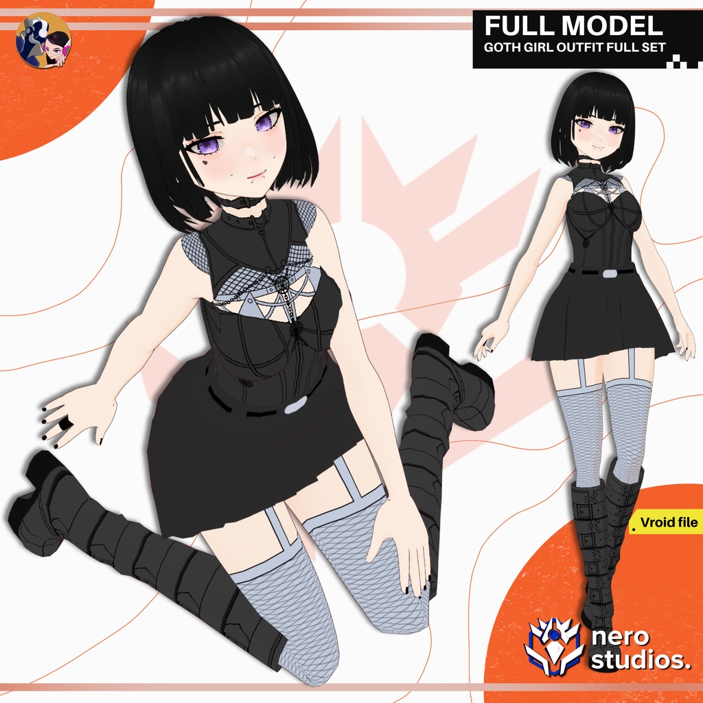 GOTHIC GIRLS SEXY OUTFIT FISHNET STOCKINGS GLOVES DARK DRESS PUNK SCI FI MESSY HAIR, VAMPIRE ELF, CORSET HIGH BOOTS, (VROID FILES) / ゴシック 女の子 網タイツ ストッキング 手袋 ハイヒール 黒ワンピ SF ヴァンパイア エルフ コルセット