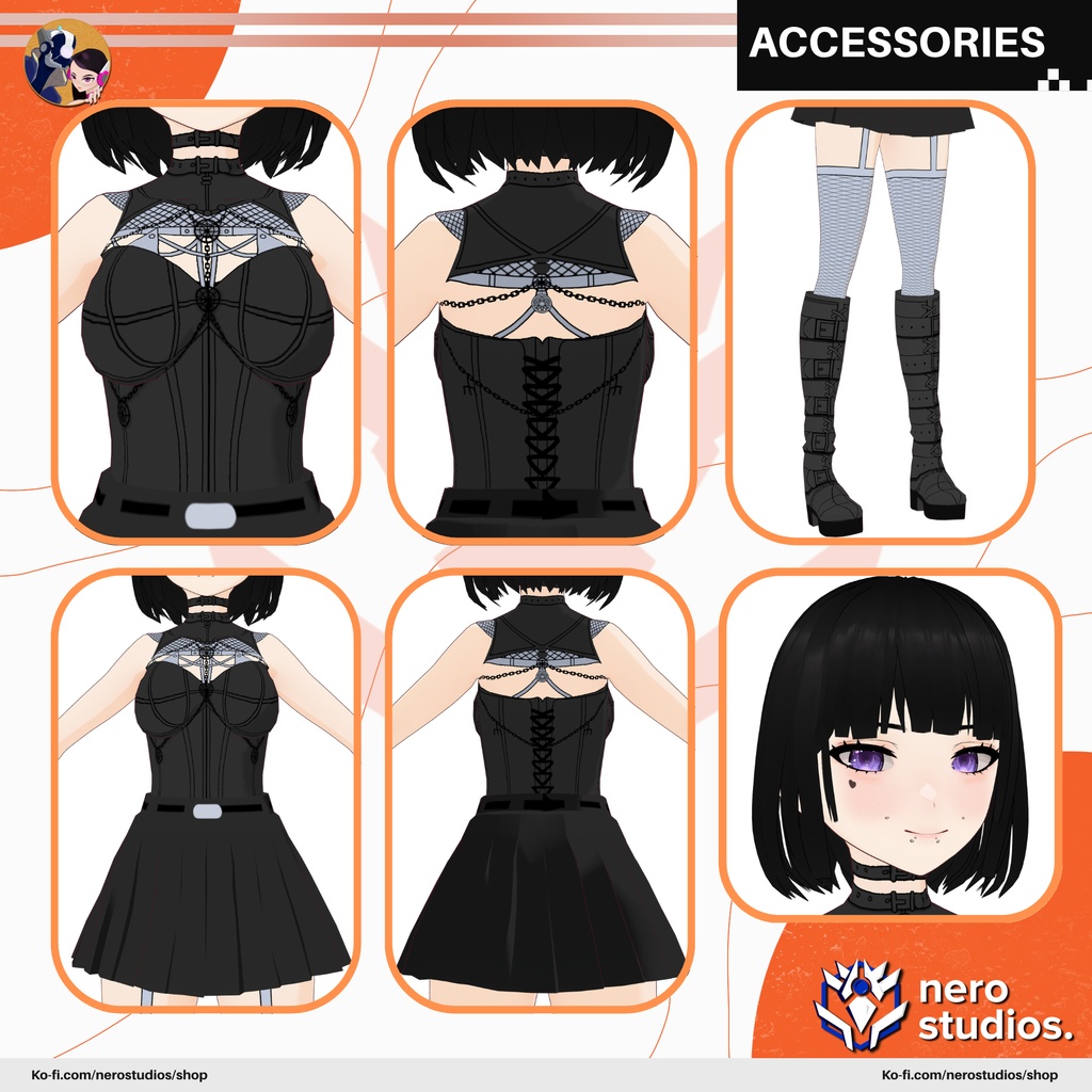 GOTHIC GIRLS SEXY OUTFIT FISHNET STOCKINGS GLOVES DARK DRESS PUNK SCI FI MESSY HAIR, VAMPIRE ELF, CORSET HIGH BOOTS, (VROID FILES) / ゴシック 女の子 網タイツ ストッキング 手袋 ハイヒール 黒ワンピ SF ヴァンパイア エルフ コルセット