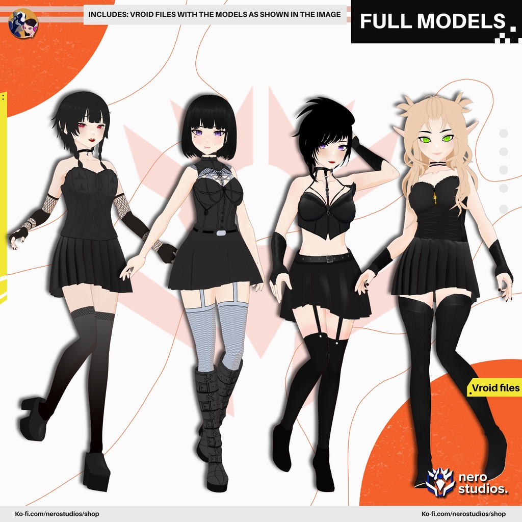 GOTH GIRL SEXY OUTFIT FISHNET STOCKINGS GLOVES DARK DRESS PUNK SCI FI MESSY HAIR, VAMPIRE ELF, CORSET HIGH BOOTS, (VROID FILES) / ゴシック 女の子 網タイツ ストッキング 手袋 ハイヒール 黒ワンピ SF ヴァンパイア エルフ コルセット