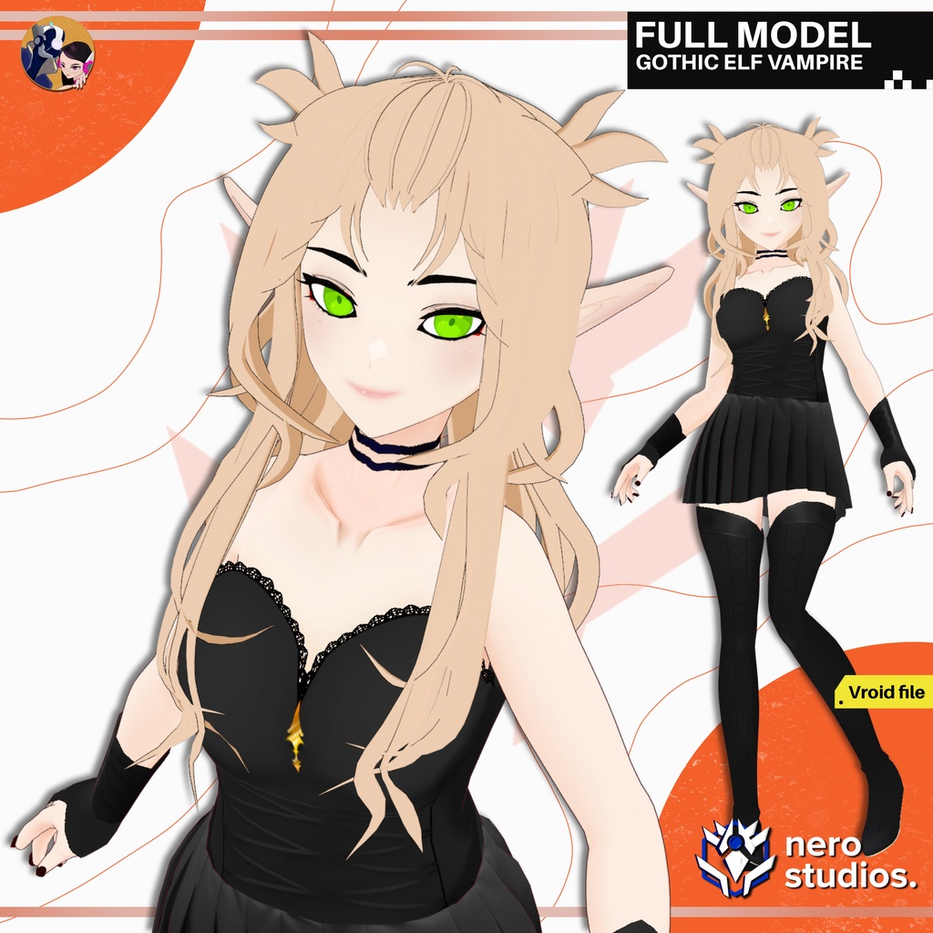 GOTHIC GIRLS SEXY OUTFIT FISHNET STOCKINGS GLOVES DARK DRESS PUNK SCI FI MESSY HAIR, VAMPIRE ELF, CORSET HIGH BOOTS, (VROID FILES) / ゴシック 女の子 網タイツ ストッキング 手袋 ハイヒール 黒ワンピ SF ヴァンパイア エルフ コルセット