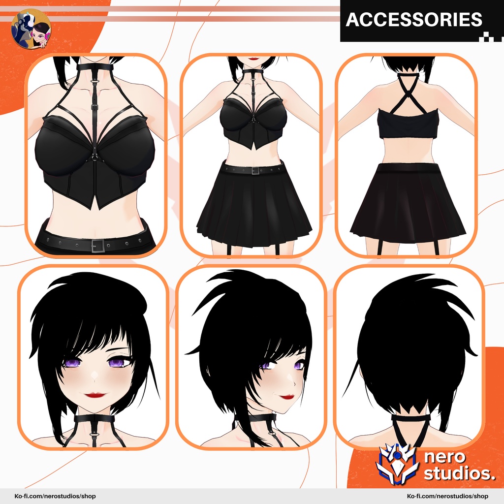 GOTHIC GIRLS SEXY OUTFIT FISHNET STOCKINGS GLOVES DARK DRESS PUNK SCI FI MESSY HAIR, VAMPIRE ELF, CORSET HIGH BOOTS, (VROID FILES) / ゴシック 女の子 網タイツ ストッキング 手袋 ハイヒール 黒ワンピ SF ヴァンパイア エルフ コルセット