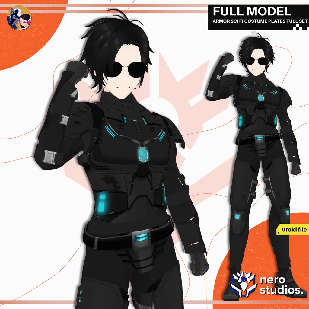 ARMOR SCI FI COSTUME PLATES FULL SET MALE AND FEMALE PRESET PACK TEXTURE OUTFIT (VROID FILE) / 鎧 SF 未来的な コスチューム ブーツ サイバー テクスチャ サングラス VRoid用衣装