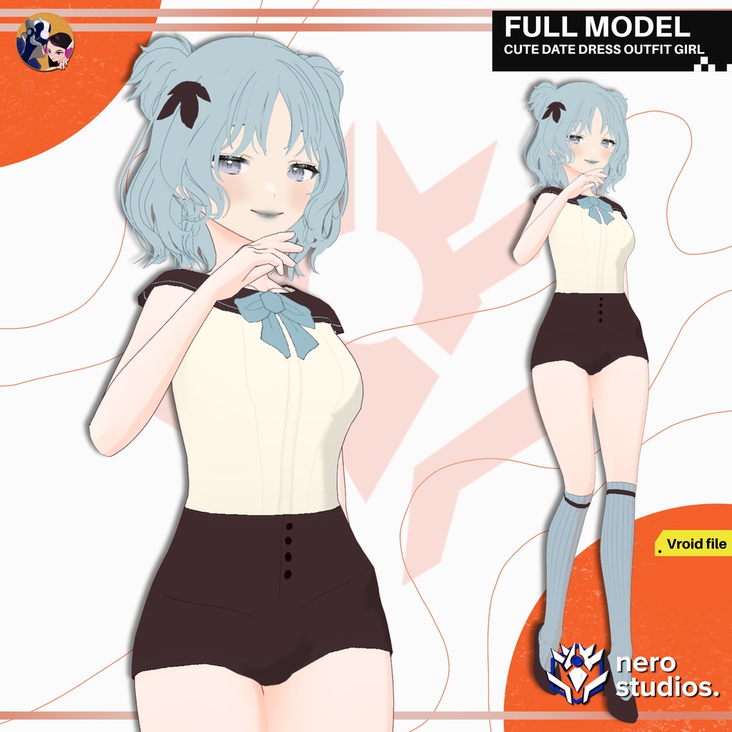 CUTE DATE DRESS OUTFIT GIRL HIGH SOCKS TIGHT CLOTHES AND RIBBON DREAMY ELF LOLITA SEXY PRESET HAIRSTYLE FULL SET (VROID FILE) / 3Dモデル かわいい ドレス 服装 ハイヒール ストッキング エルフ