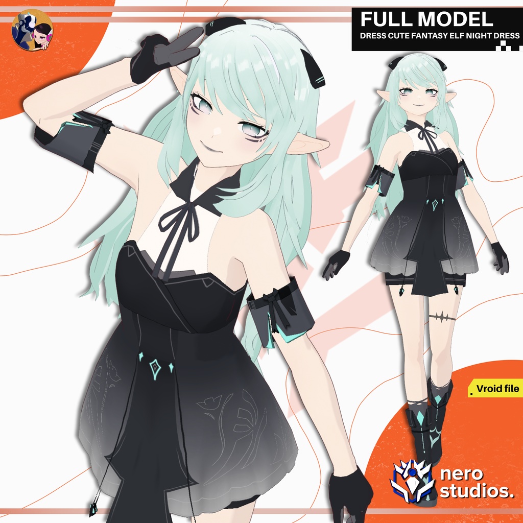 DRESS CUTE FANTASY ELF NIGHT DRESS UNIFORM RPG STYLE SEXY FAIRY GIRL FULL OUTFIT SET AND HAIRSTYLE (VROID FILE) / ロイヤル エレガント ドレス かわいい エルフ 魔法のような ファンタジー 女の子