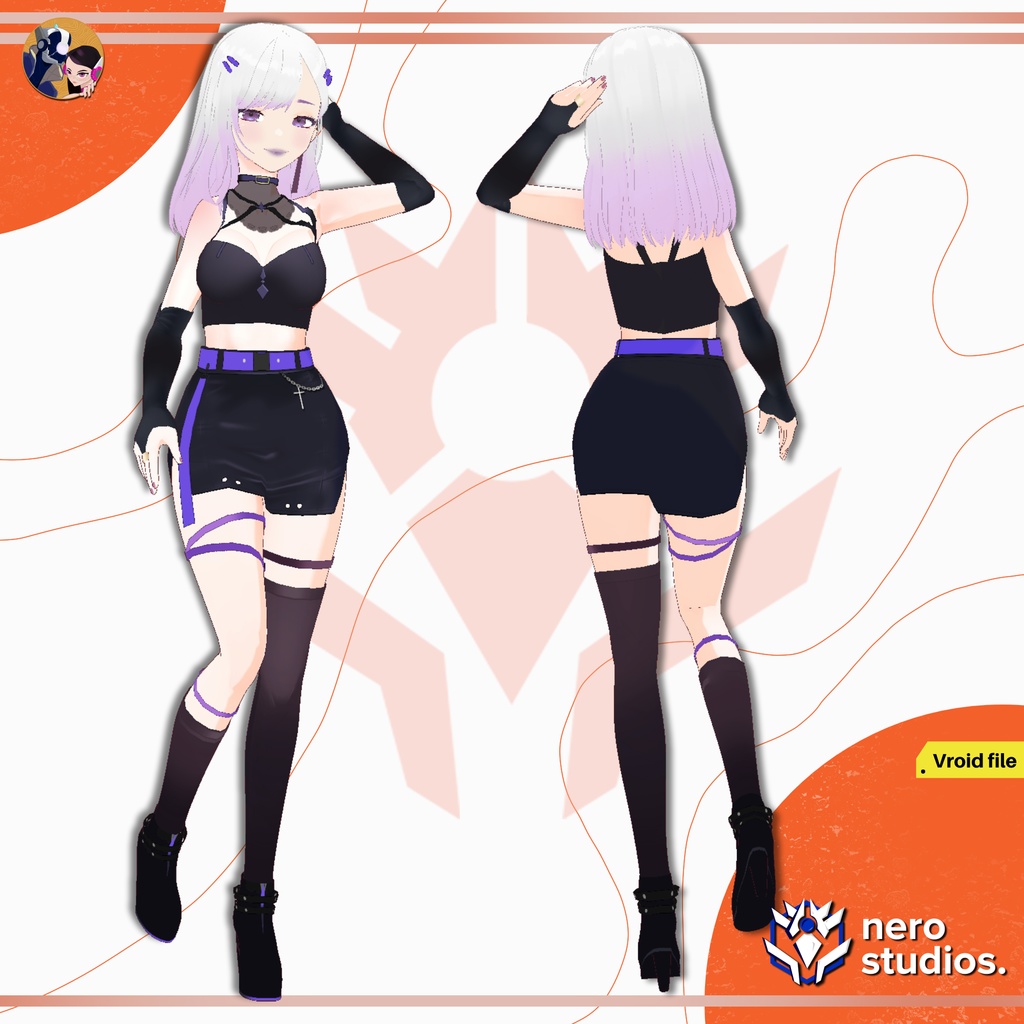 GOTHIC GOTH MODERN SEXY SET FULL OUTFIT TIGHT SKIRT BODYSUIT HAIRSTYLE TO THE SIDE MESSY TEXTURE PRESET (VROID FILE) / ゴシック 女の子 セクシー タイツ スカート ボディスーツ サイバー ストッキング