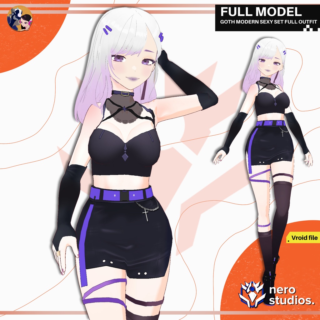 GOTHIC GOTH MODERN SEXY SET FULL OUTFIT TIGHT SKIRT BODYSUIT HAIRSTYLE TO THE SIDE MESSY TEXTURE PRESET (VROID FILE) / ゴシック 女の子 セクシー タイツ スカート ボディスーツ サイバー ストッキング