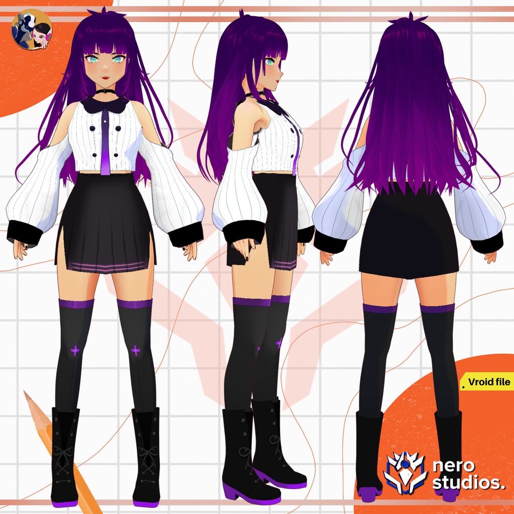 URBAN OUTFITS WITH CHAINS BEANNIE AND BEARD, URBAN STYLE, URBAN WEAR, KAKASHI CELL SHADED, SCIFI CYBERWEAR FUTURISTIC, CUTE SEXY UNIFORM SKIRT (VROID FILES) / 都会的な 都市 SF 未来的な