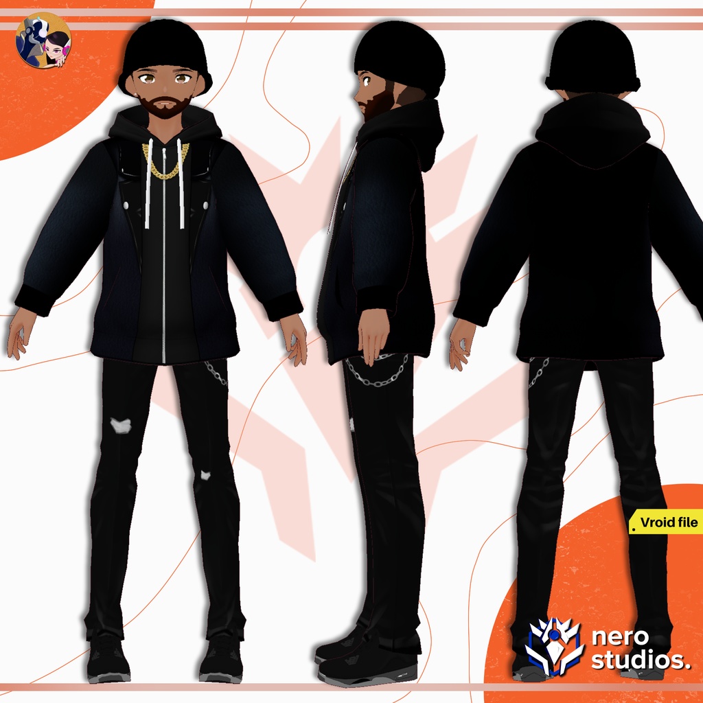 URBAN OUTFITS WITH CHAINS BEANNIE AND BEARD, URBAN STYLE, URBAN WEAR, KAKASHI CELL SHADED, SCIFI CYBERWEAR FUTURISTIC, CUTE SEXY UNIFORM SKIRT (VROID FILES) / 都会的な 都市 SF 未来的な