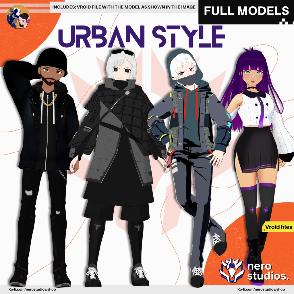URBAN OUTFITS WITH CHAINS BEANNIE AND BEARD, URBAN STYLE, URBAN WEAR, KAKASHI CELL SHADED, SCIFI CYBERWEAR FUTURISTIC, CUTE SEXY UNIFORM SKIRT (VROID FILES) / 都会的な 都市 SF 未来的な