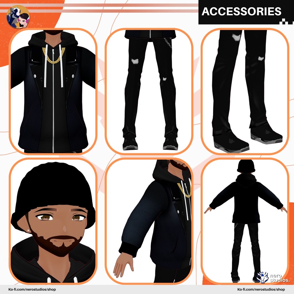 URBAN OUTFITS WITH CHAINS BEANNIE AND BEARD, URBAN STYLE, URBAN WEAR, KAKASHI CELL SHADED, SCIFI CYBERWEAR FUTURISTIC, CUTE SEXY UNIFORM SKIRT (VROID FILES) / 都会的な 都市 SF 未来的な