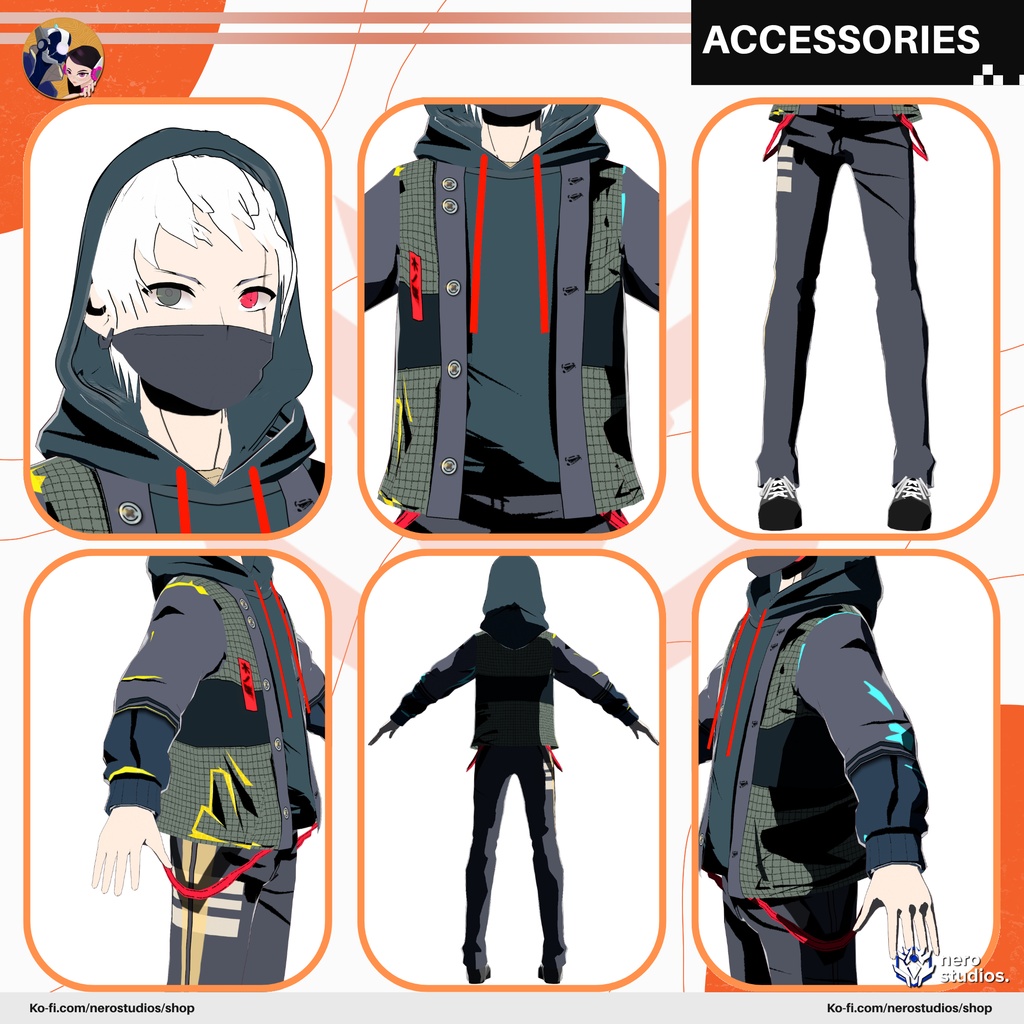 URBAN OUTFITS WITH CHAINS BEANNIE AND BEARD, URBAN STYLE, URBAN WEAR, KAKASHI CELL SHADED, SCIFI CYBERWEAR FUTURISTIC, CUTE SEXY UNIFORM SKIRT (VROID FILES) / 都会的な 都市 SF 未来的な