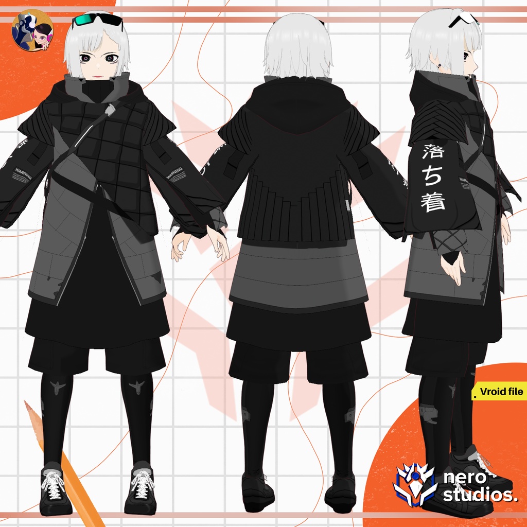 URBAN OUTFITS WITH CHAINS BEANNIE AND BEARD, URBAN STYLE, URBAN WEAR, KAKASHI CELL SHADED, SCIFI CYBERWEAR FUTURISTIC, CUTE SEXY UNIFORM SKIRT (VROID FILES) / 都会的な 都市 SF 未来的な