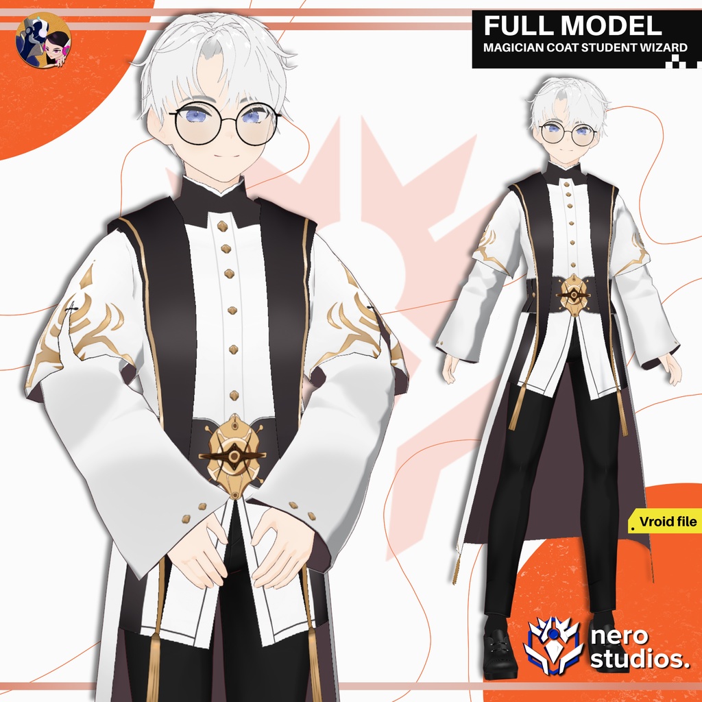 MAGICIAN COAT STUDENT WIZARD BOY HANDSOME HAIRSTYLE PRESET FULL OUTFIT SET (VROID FILE) / 3Dモデル 魔法使い マジシャン コート ファンタジー 制服 魔法のような 髪型