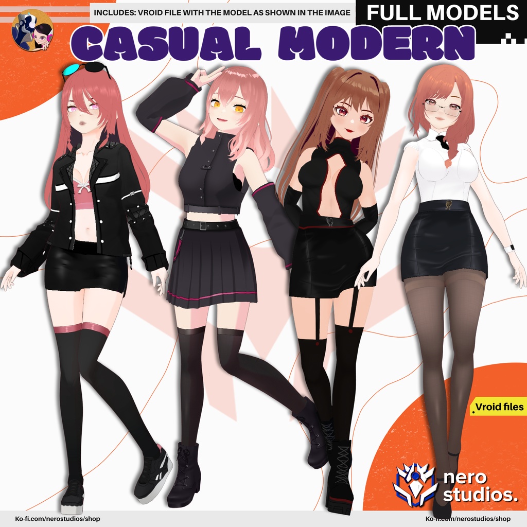 CASUAL MODERN OUTFITS, SEXY DARK GOTH HIGH BOOTS CASUAL URBAN STYLE SCIFI FUTURISTIC, CASUAL WEAR SEXY GIRL SKIRT STOCKINGS (VROID FILES) / カジュアルウェア タイツ ストッキング スカート ハイヒール ジャケット レザー SF