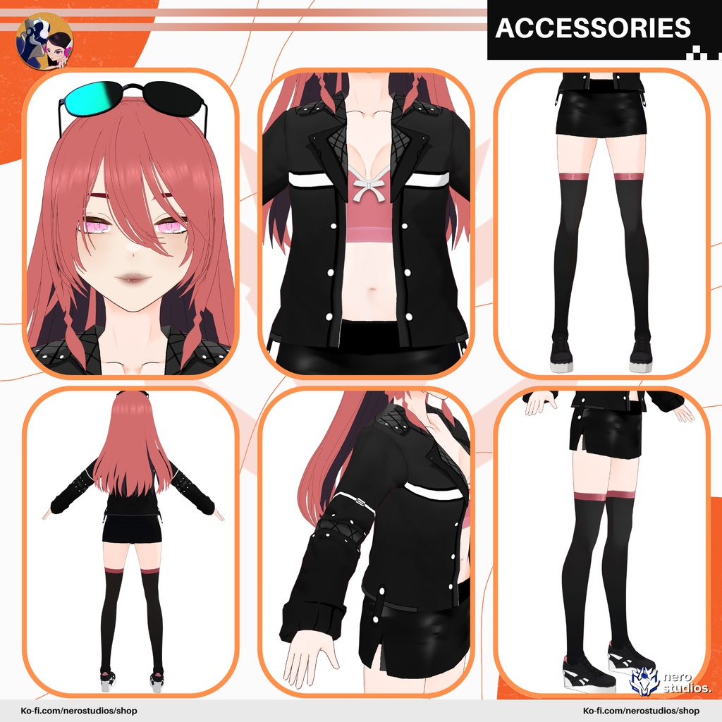 CASUAL MODERN OUTFITS, SEXY DARK GOTH HIGH BOOTS CASUAL URBAN STYLE SCIFI FUTURISTIC, CASUAL WEAR SEXY GIRL SKIRT STOCKINGS (VROID FILES) / カジュアルウェア タイツ ストッキング スカート ハイヒール ジャケット レザー SF