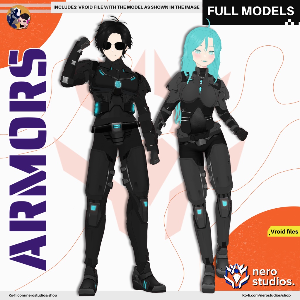 ARMOR SCI FI COSTUME PLATES FULL SET MALE AND FEMALE PRESET PACK TEXTURE OUTFIT FANTASY UNIFORM (VROID FILES) / 鎧 SF 未来的な コスチューム ブーツ サイバー テクスチャ サングラス VRoid用衣装 サイバーパンク スーツ