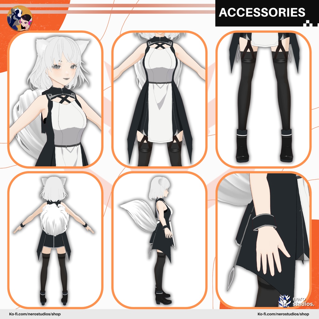 WIZARD MAGICAL FUTURISTIC OUTFIT UNIFORM WHITE FOX GIRL CUTE SEXY STOCKINGS FULL SET PRESET (VROID FILE) / マジシャン 女の子 魔法使い ファンタジー ドレス 制服 キツネ 猫 セクシー ストッキング