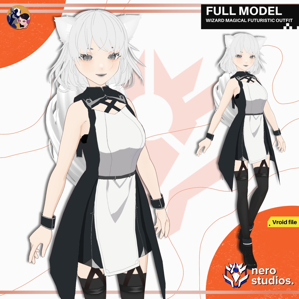 WIZARD MAGICAL FUTURISTIC OUTFIT UNIFORM WHITE FOX GIRL CUTE SEXY STOCKINGS FULL SET PRESET (VROID FILE) / マジシャン 女の子 魔法使い ファンタジー ドレス 制服 キツネ 猫 セクシー ストッキング