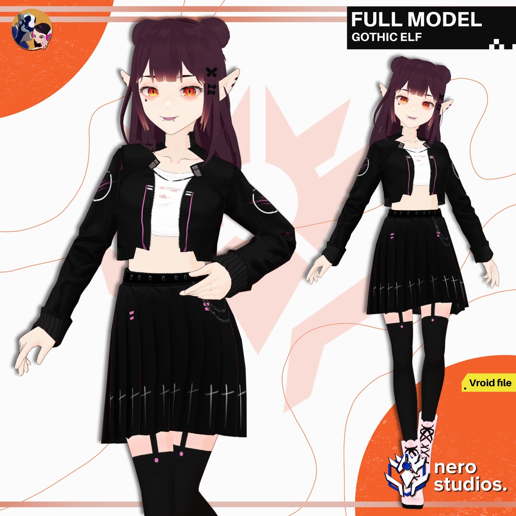 VAMPIRE ELF GOTHIC ELF EARS BLACK OUTFIT PUNK MILITARY SCIFI UNIFORM (VROID FILES) / ヴァンパイア エルフ ゴシック 鎧 SF 網タイツ ストッキング
