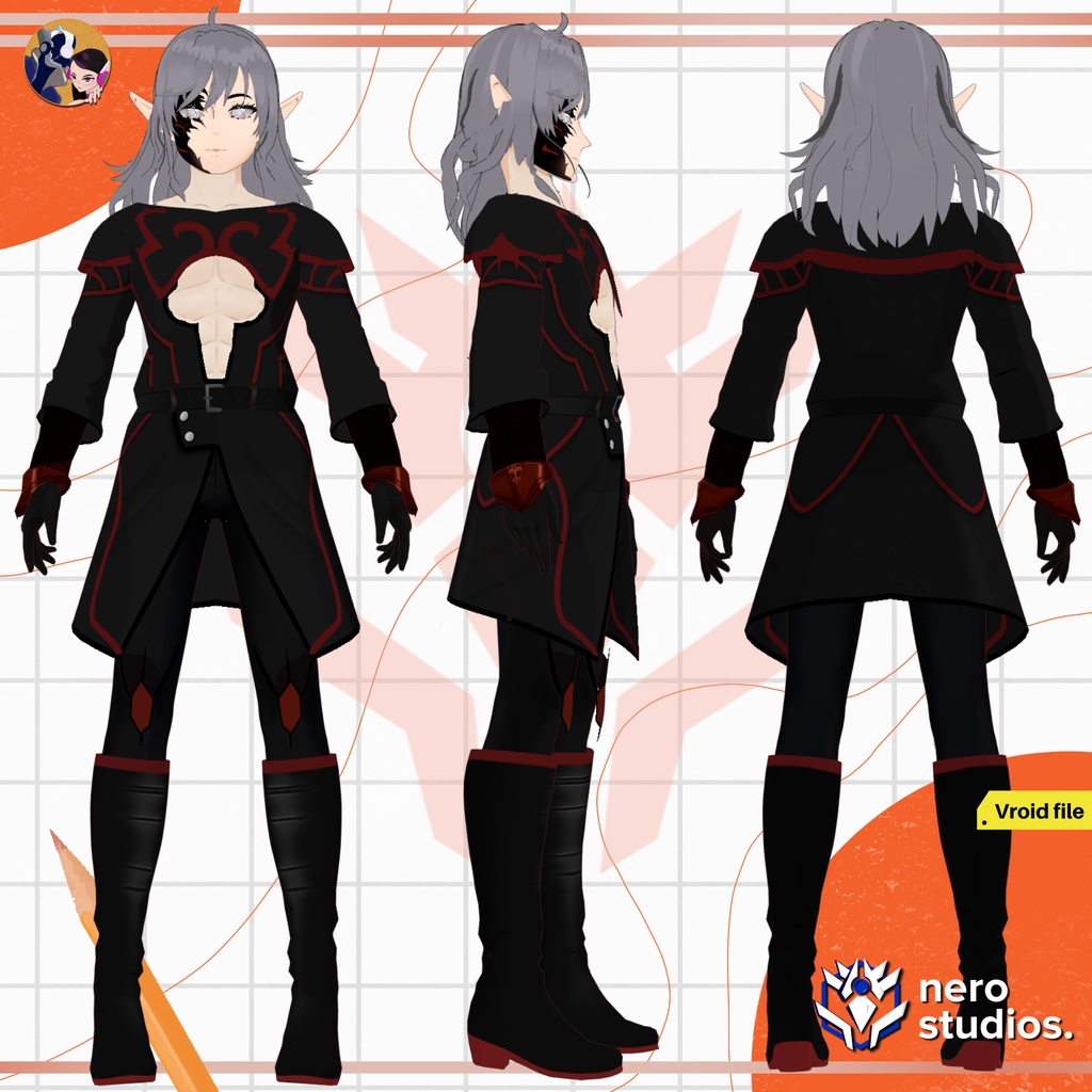 VAMPIRE ELF GOTHIC ELF EARS BLACK OUTFIT PUNK MILITARY SCIFI UNIFORM (VROID FILES) / ヴァンパイア エルフ ゴシック 鎧 SF 網タイツ ストッキング