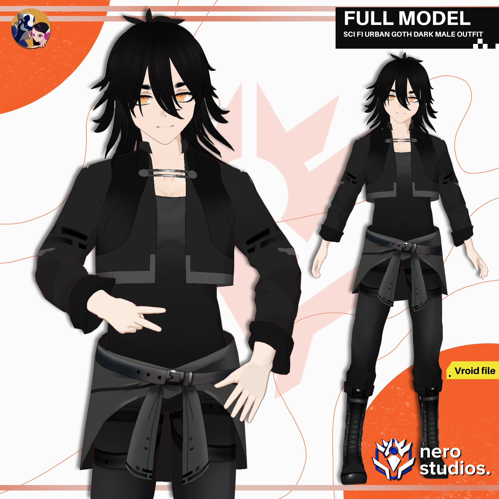 SCI FI URBAN GOTH DARK MALE OUTFIT FIGHTER TECH HANDSOME ANDROGYNOUS FULL SET PRESET TEXTURE HAIRSTYLE COOL (VROID FILE) / SF 都市 都会的な ゴシック ブーツ ジャケット パンク