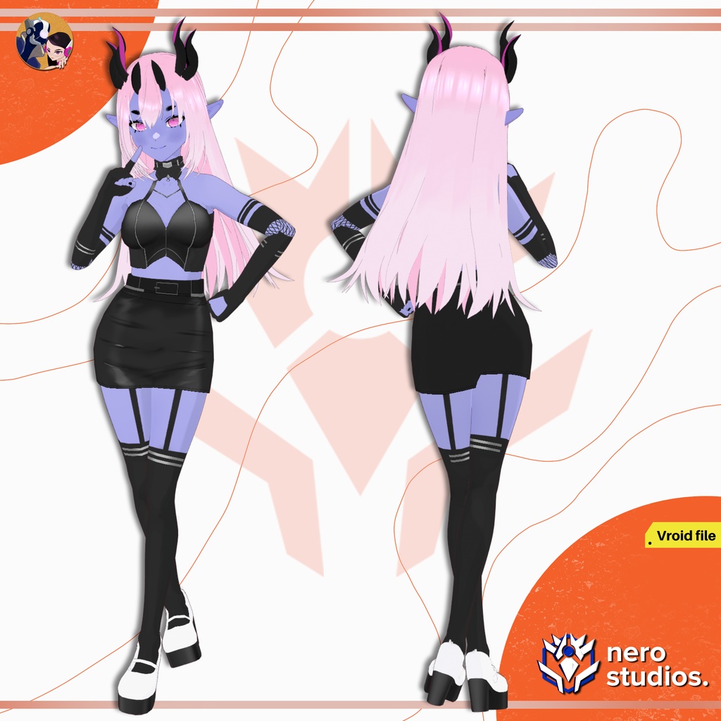 GOTHIC DEMON GIRL HALLOWEEN PUNK COSTUME FULL OUTFIT AND HAIRSTYLE PRESETS FOR VROID TEXTURES (VROID FILE) / ハロウィン サキュバス ゴシック 女の子 ストッキング 網タイツ ヴァンパイア 鬼 角
