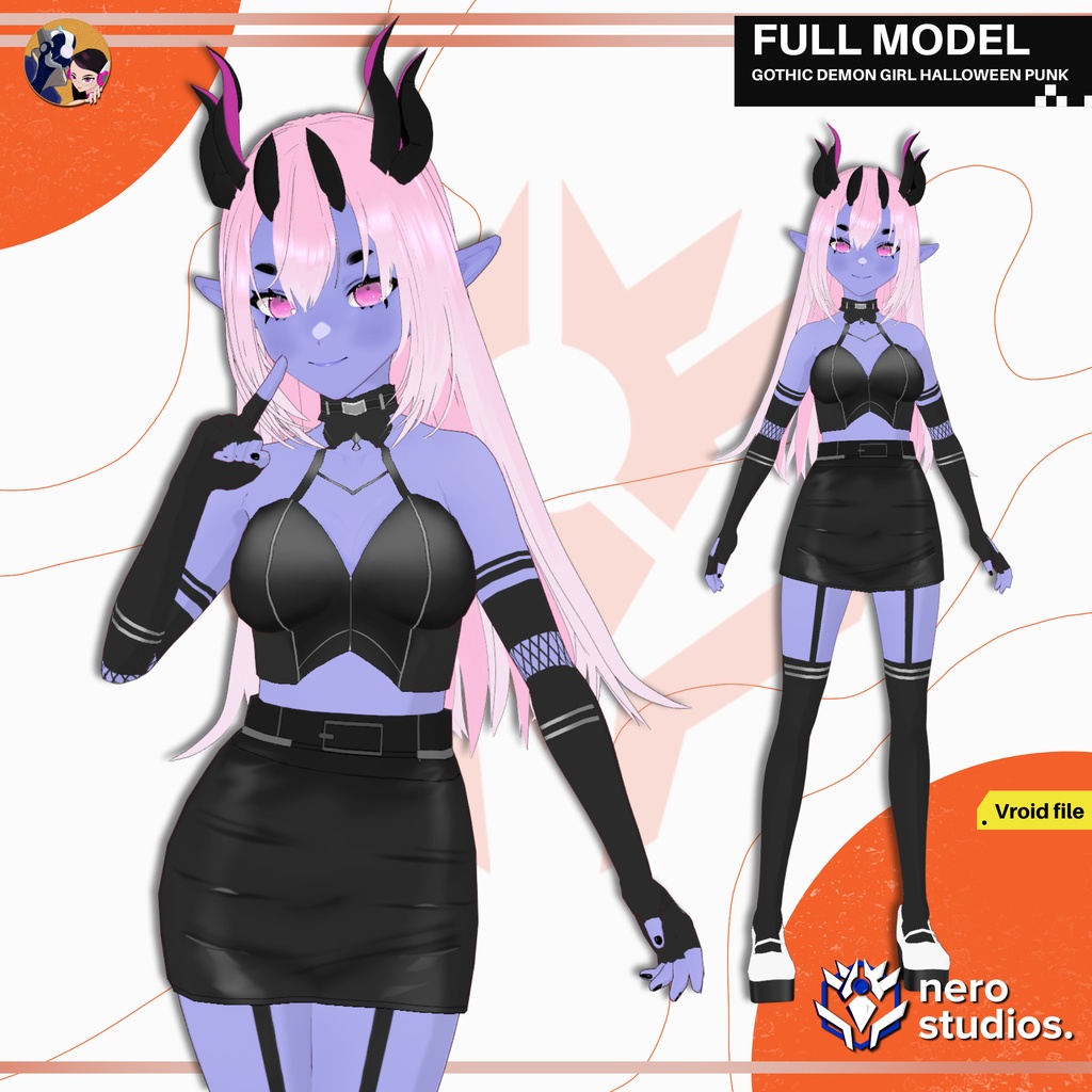 GOTHIC DEMON GIRL HALLOWEEN PUNK COSTUME FULL OUTFIT AND HAIRSTYLE PRESETS FOR VROID TEXTURES (VROID FILE) / ハロウィン サキュバス ゴシック 女の子 ストッキング 網タイツ ヴァンパイア 鬼 角