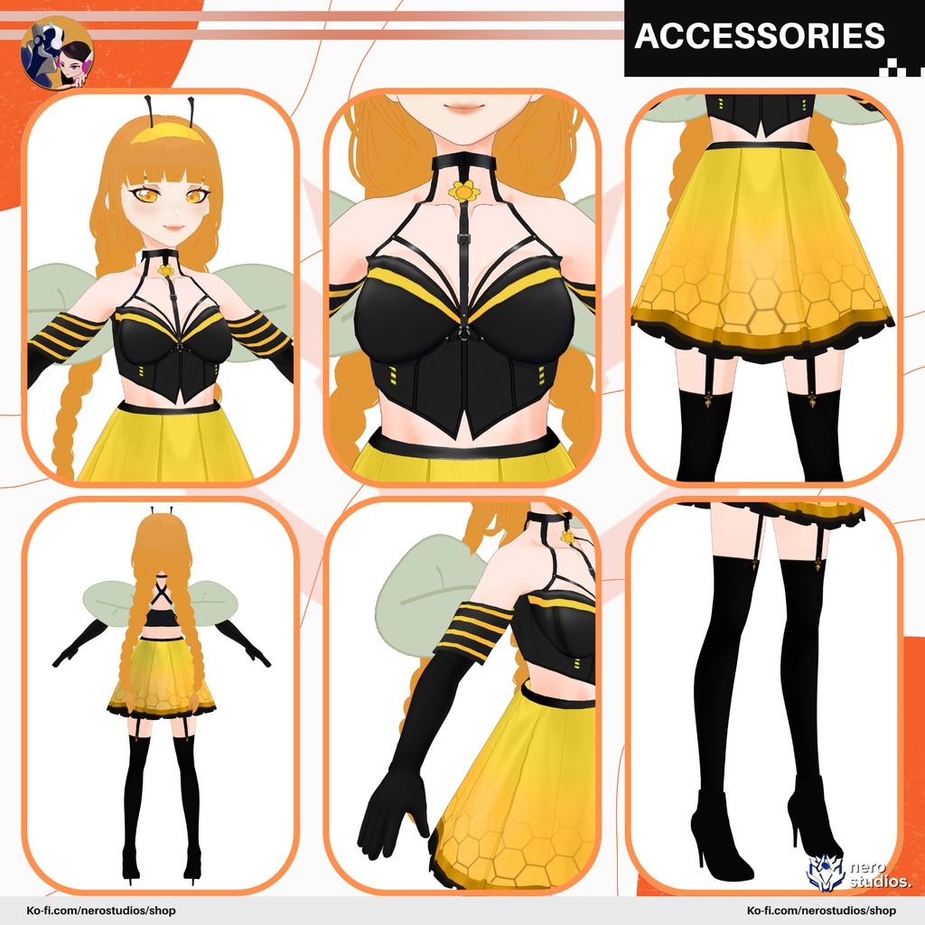 COSTUME HALLOWEEN PARTY FANTASY SEXY BEE PRESET TEXTURE HAIRSTYLE FOR VROID FULL OUTFIT CUTE WINGS (VROID FILE) / ハロウィン コスチューム 蜂のコスプレ セクシー かわいい 髪型 ファンタジー 翼