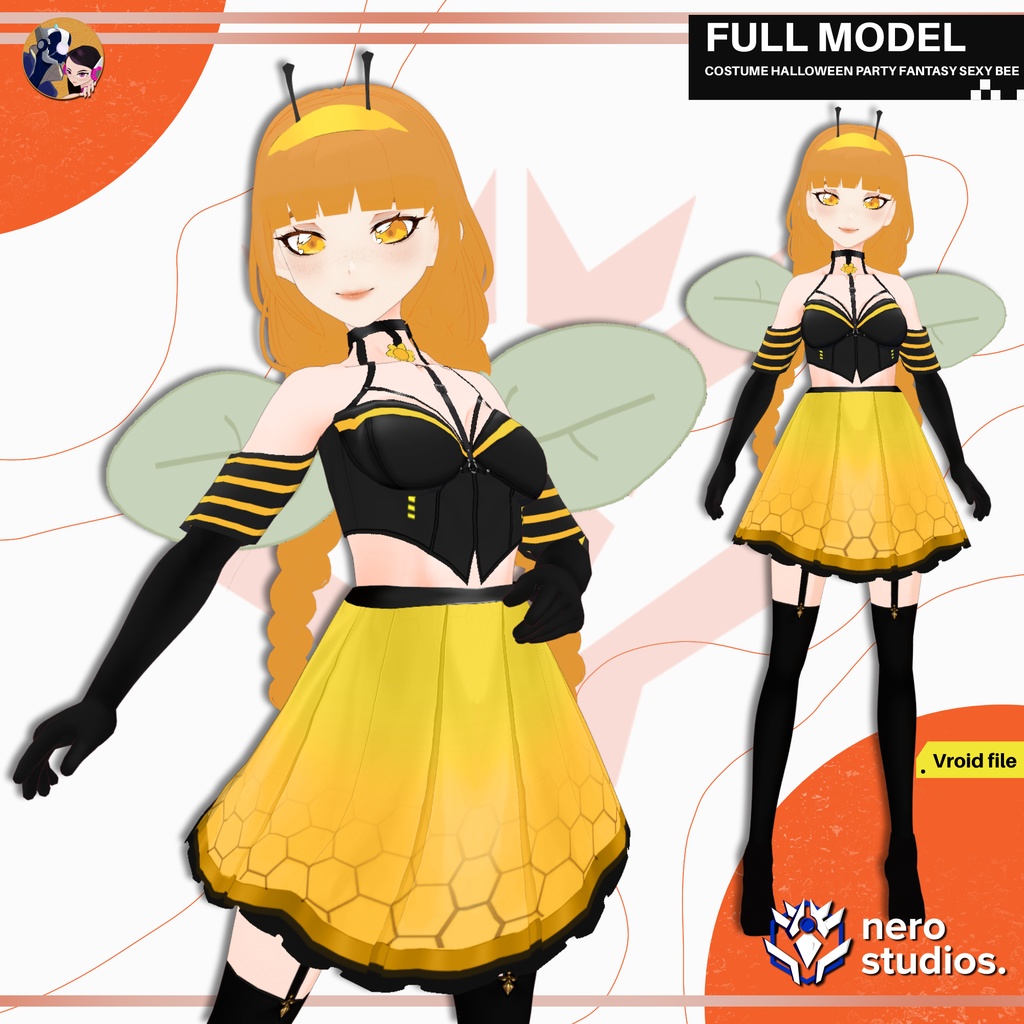 COSTUME HALLOWEEN PARTY FANTASY SEXY BEE PRESET TEXTURE HAIRSTYLE FOR VROID FULL OUTFIT CUTE WINGS (VROID FILE) / ハロウィン コスチューム 蜂のコスプレ セクシー かわいい 髪型 ファンタジー 翼