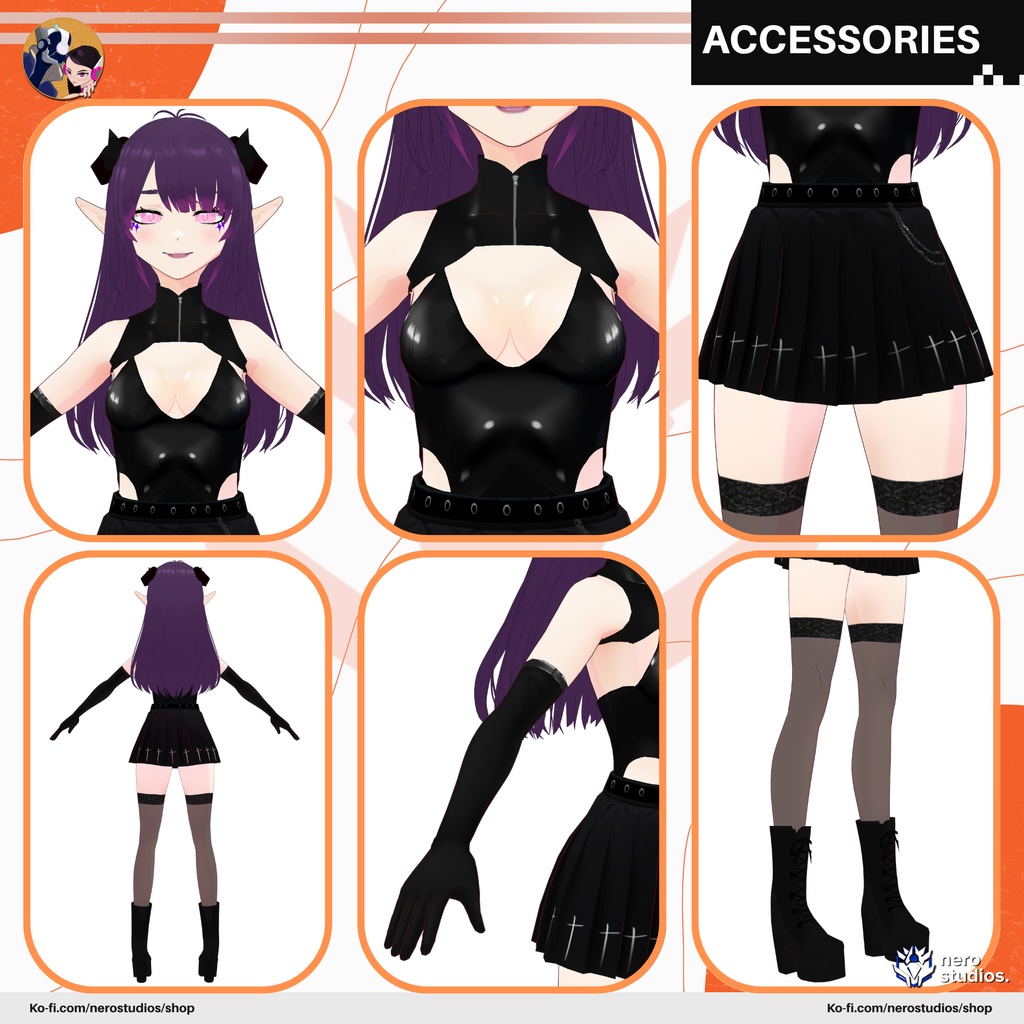 GOTH SEXY COSTUME GIRL HALLOWEEN OUTFIT VAMPIRE HAIRSTYLE PRESET CUTE HIGH BOOTS STOCKINGS SKIRT BODYSUIT TEXTURE (VROID FILE) / ゴシック セクシー 女の子 ハロウィン コスチューム ヴァンパイア ファンタジー タイツ スカート