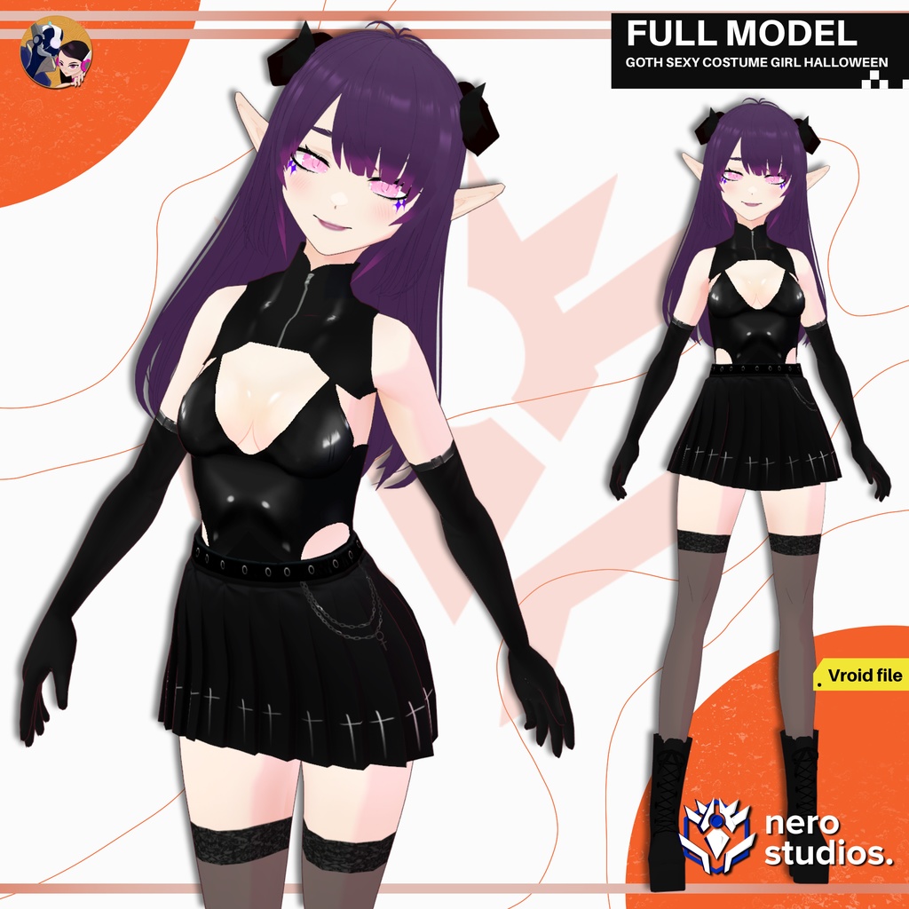 GOTH SEXY COSTUME GIRL HALLOWEEN OUTFIT VAMPIRE HAIRSTYLE PRESET CUTE HIGH BOOTS STOCKINGS SKIRT BODYSUIT TEXTURE (VROID FILE) / ゴシック セクシー 女の子 ハロウィン コスチューム ヴァンパイア ファンタジー タイツ スカート