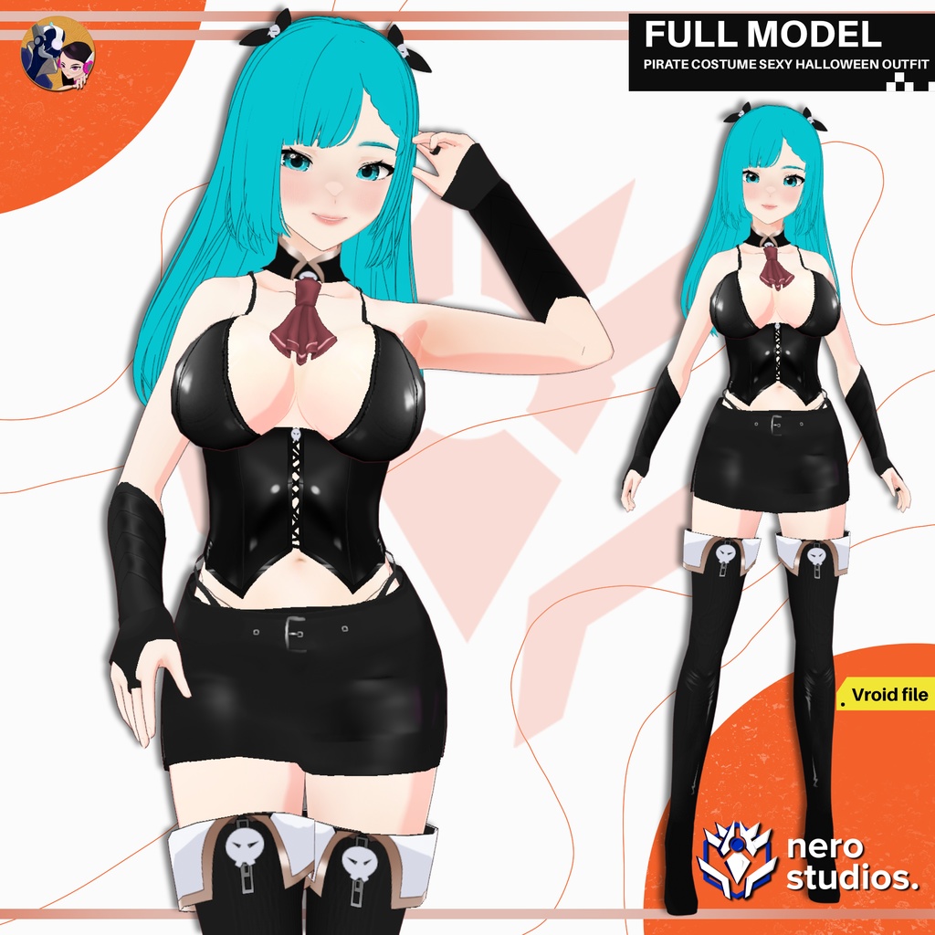 PIRATE COSTUME SEXY HALLOWEEN OUTFIT HIGH BOOTS BODYSUIT CUTE GIRL PRESET FULL HAIRSTYLE TEXTURE VROID (VROID FILE) / 海賊 女の子 ハロウィン衣装 セクシー ボディスーツ ブーツ VRoidテクスチャ