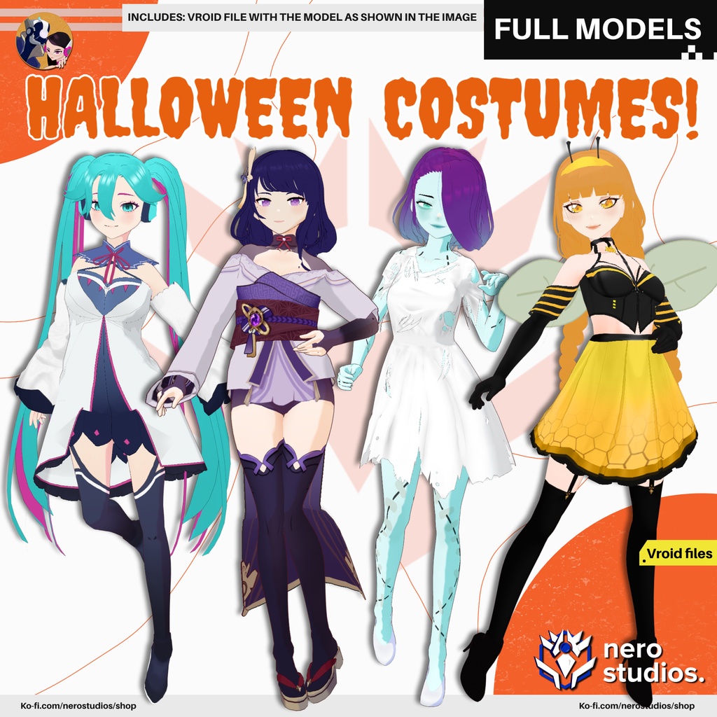 VROID HALLOWEEN COSTUMES VROID MODELS RAIDEN SHOGUN ELF FAIRY CUTE DRESS FANTASY DREAMY HALLOWEEN COSPLAY ZOMBIE GIRL SEXY BEE (VROID FILES) / ハロウィン衣装 コスプレ 雷電 エルフ ファンタジー ストッキング モンスター娘