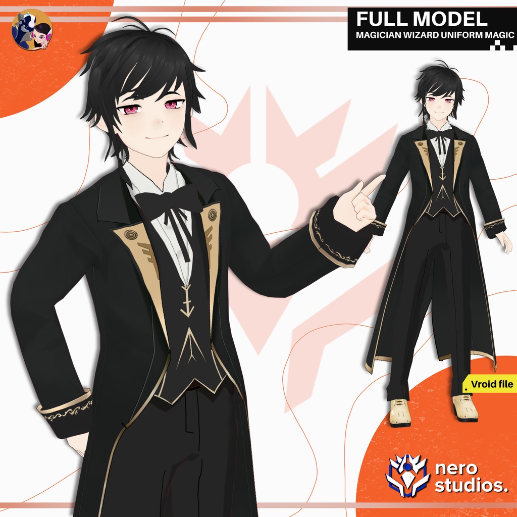 MAGICIAN HALLOWEEN COSTUME WIZARD BOY HANDSOME HAIRSTYLE MAGICAL ELEGANT (VROID FILES) / 3Dモデル 魔法使い マジシャン コート ファンタジー 制服 魔法のような 髪型 ハロウィン