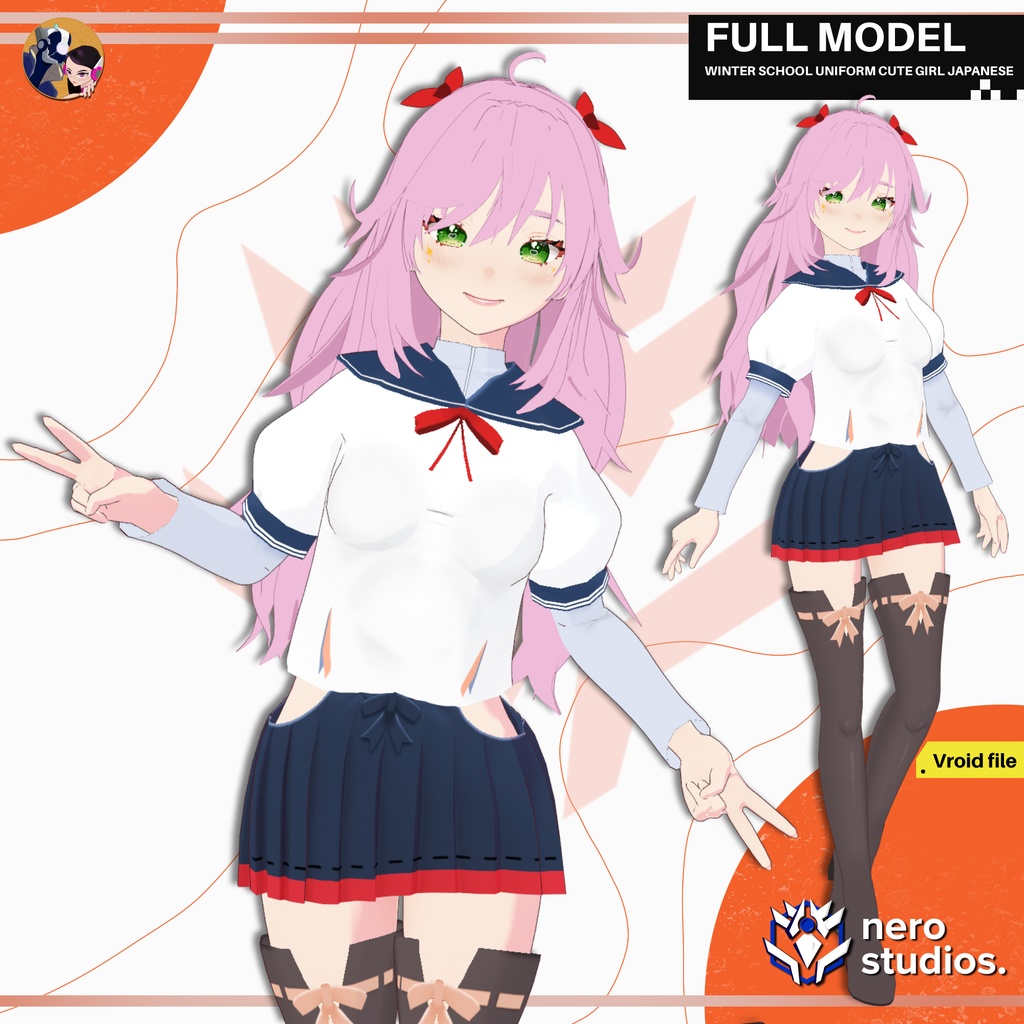 WINTER SCHOOL UNIFORM CUTE GIRL JAPANESE ORIENTAL ASIAN STYLE PRESET SET FULL OUTFIT AND HAIRSTYLE FOR VROID (VROID FILE) / 3Dモデル 学校 制服 かわいい 女の子 和風 スカート