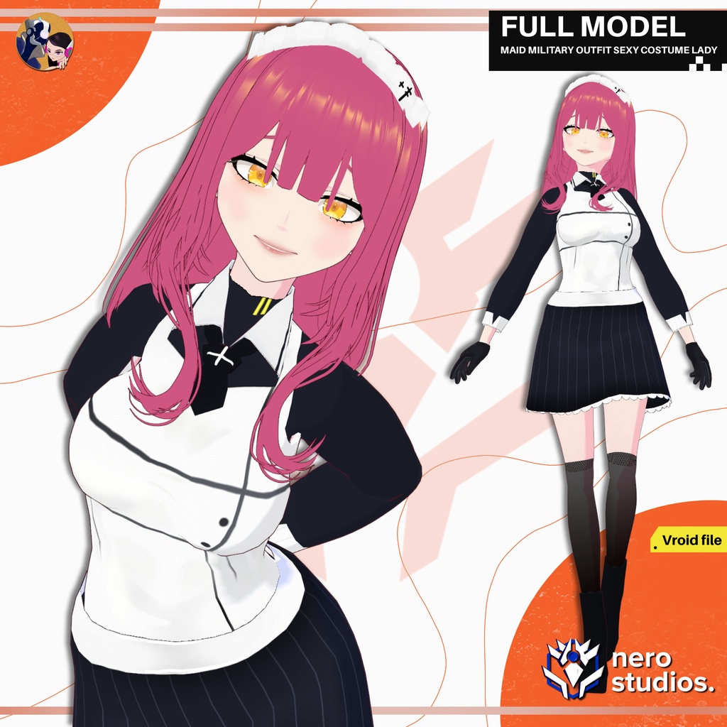 MAID MILITARY OUTFIT SEXY COSTUME LADY GIRL FULL SET PRESET HAIRSTYLE AND TEXTURES FOR VROID (VROID FILE) / メイド 制服 ミリタリー セクシー 服装 女の子 ストッキング タイツ