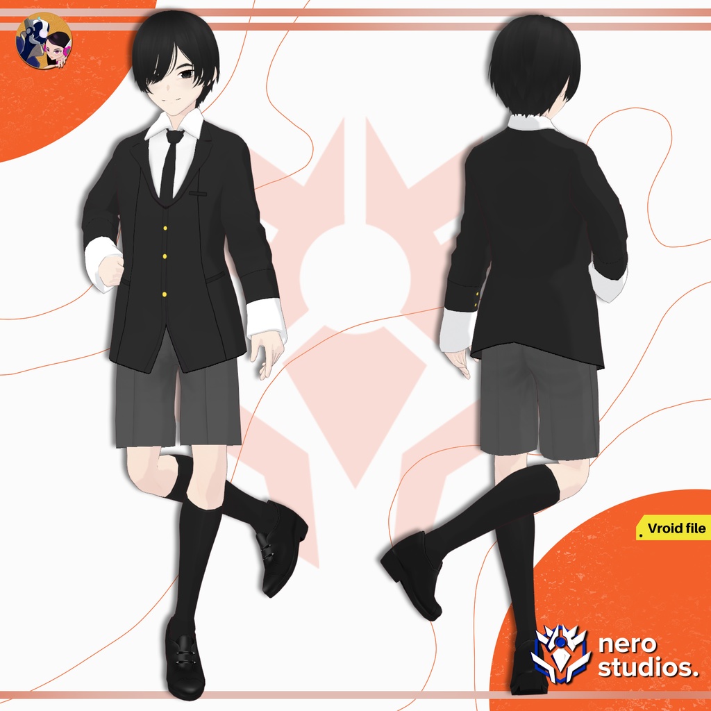 MALE UNIFORM SCHOOL HANDSOME ANDROGYNOUS FORMAL SUIT ACADEMY ANIME STYLE PRESET FULL OUTFIT SET HAIRSTYLE FOR VROID (VROID FILE) / 3Dモデル 髪型 男性 制服 学校 スーツ エレガント