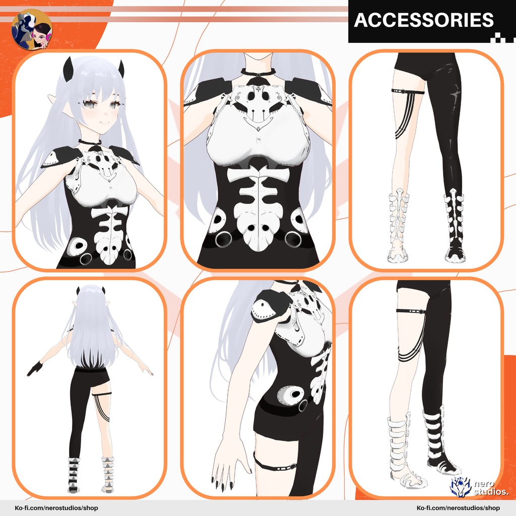 DEMON QUEEN SKELETON GOTH GIRL FEMALE DARK SEXY BODYSUIT FULL SET PRESET HAIRSTYLE (VROID FILE) / 鬼 サキュバス スケルトン ゴシック 女の子 ハロウィン衣装 ボディスーツ ストッキング